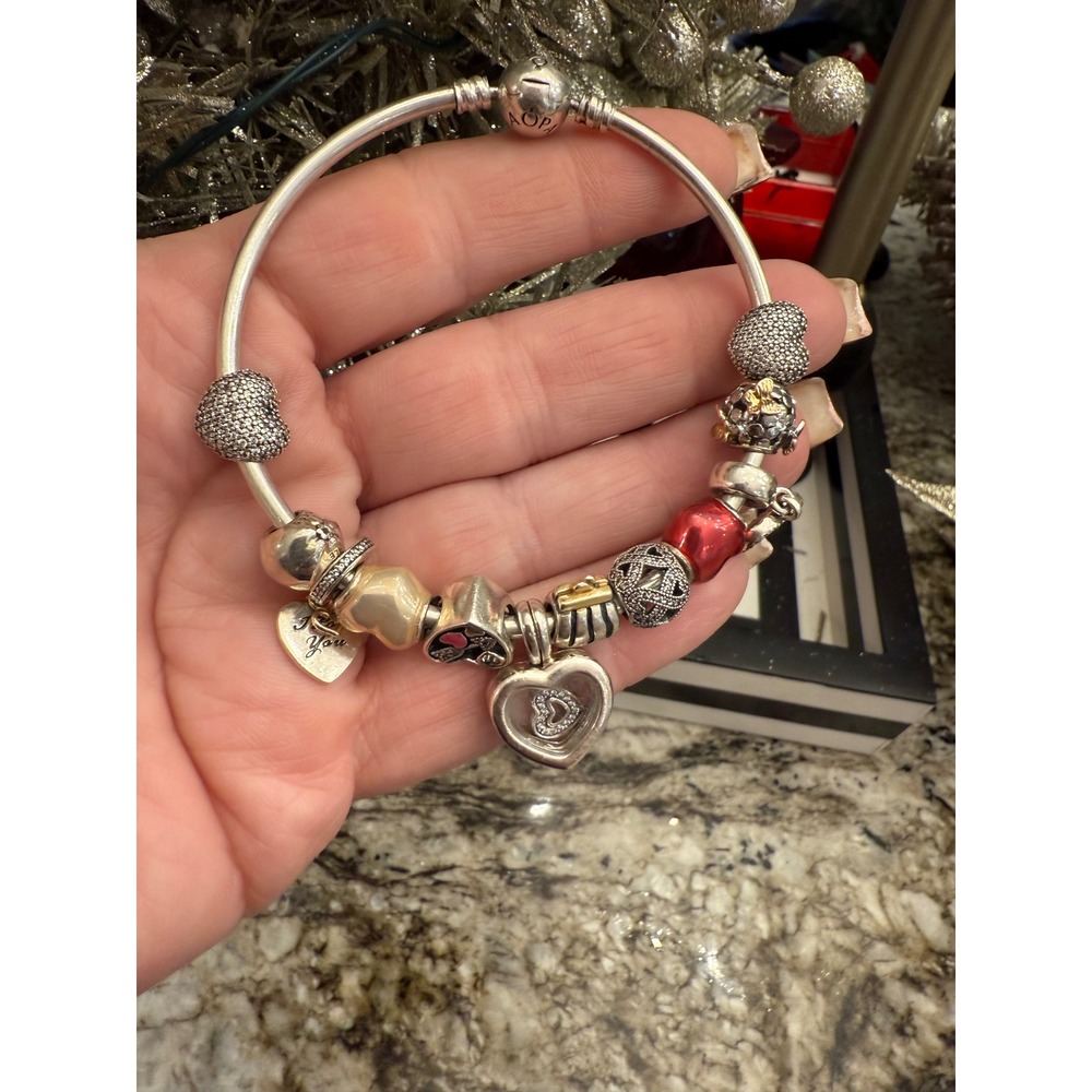Pandora Bangle Bracelet w 12 Charms 925 ALE Sterling Silver 8 inches Authentic - Picture 8 of 9